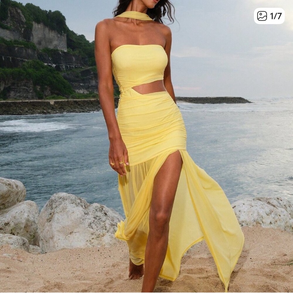 Yellow Women's Beach Sexy Elegant Wedding Maxi Dress w/scarf